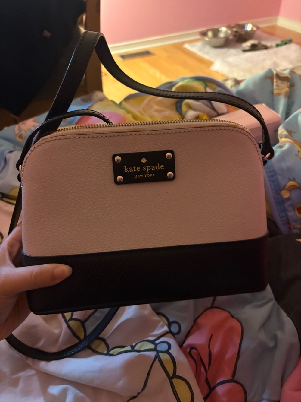 kate spade White and Black Dome Crossbody with Logo Plaque
